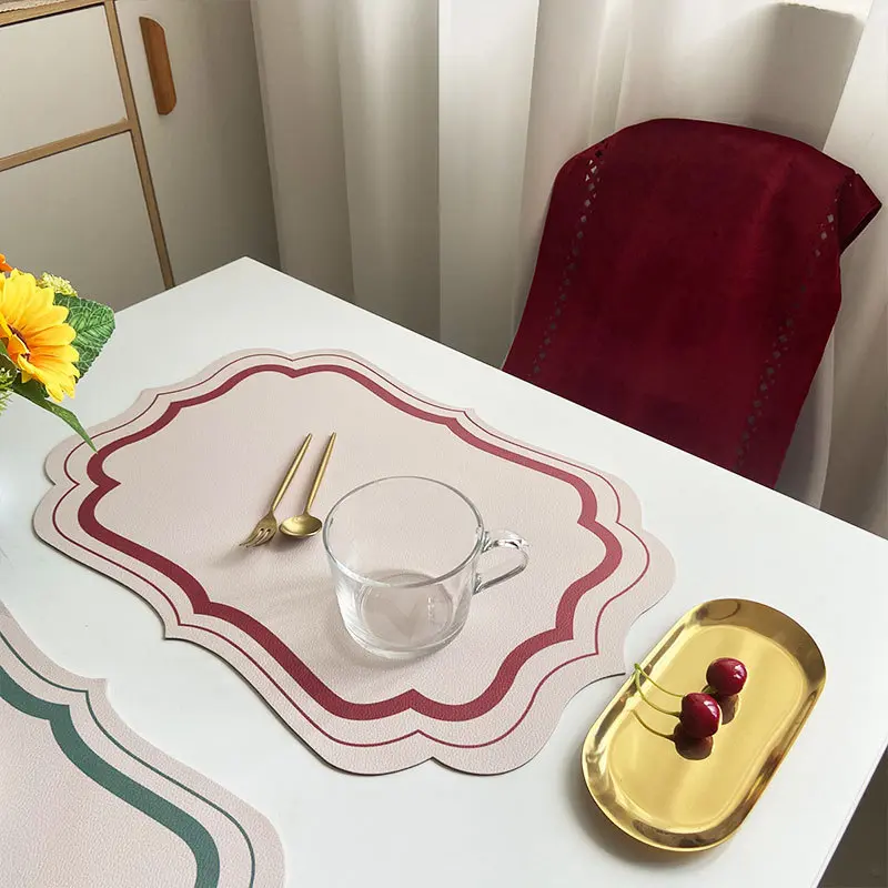 French Placemat Table Mat PU Leather Waterproof Heat Insulation Placemat Morandi Cream Printed Tableware Mat Home Kitchen Decor
