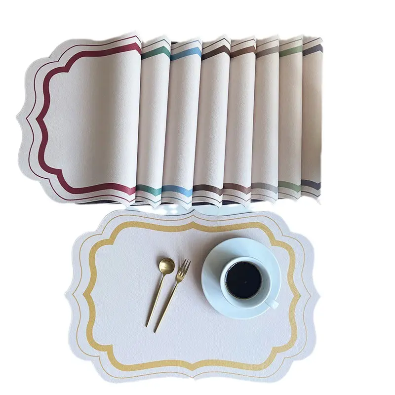 French Placemat Table Mat PU Leather Waterproof Heat Insulation Placemat Morandi Cream Printed Tableware Mat Home Kitchen Decor