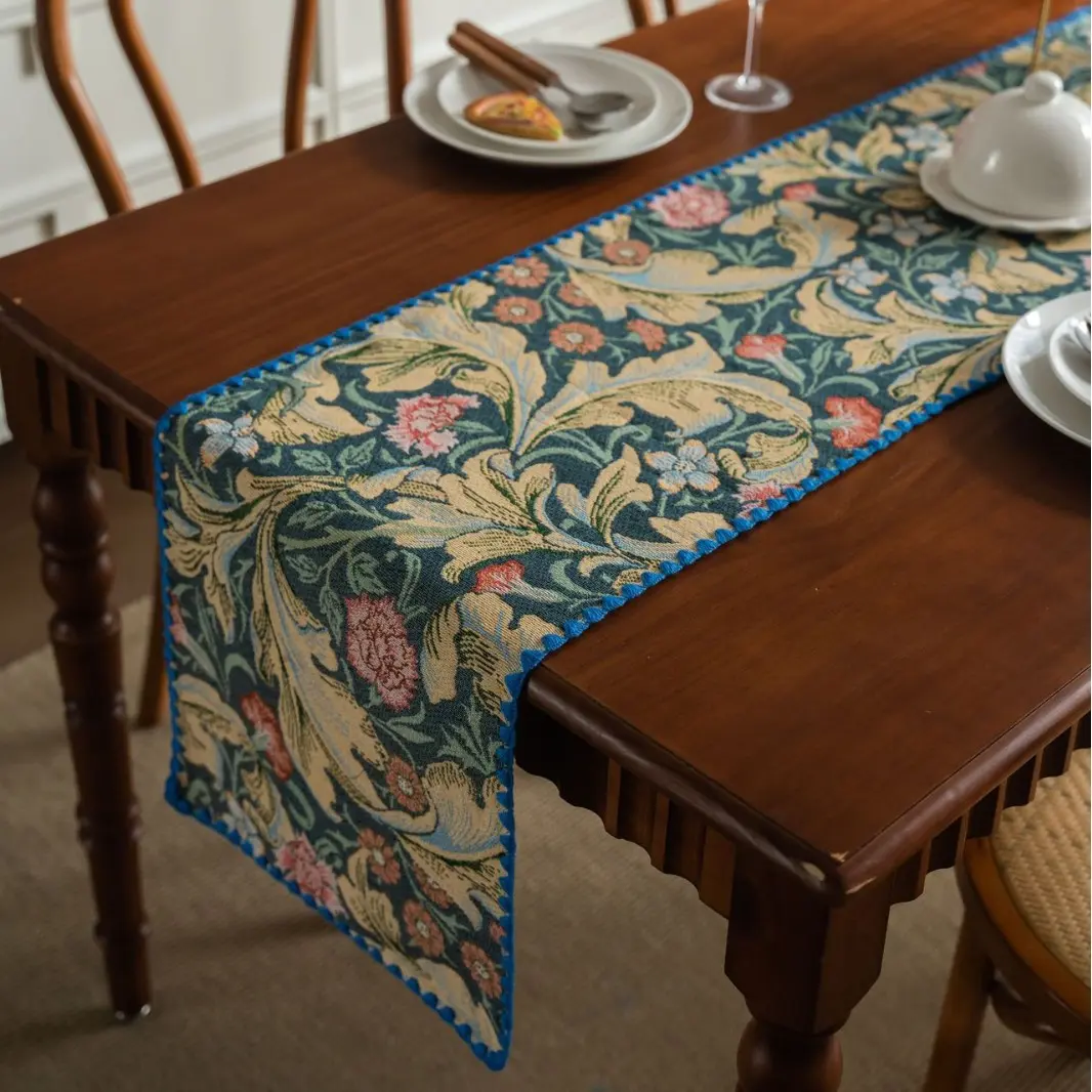 Jacquard Embroidered Table Runner Countryside Flowers Table Decor Reusable Home Kitchen Dining Table Runners Party Decorations