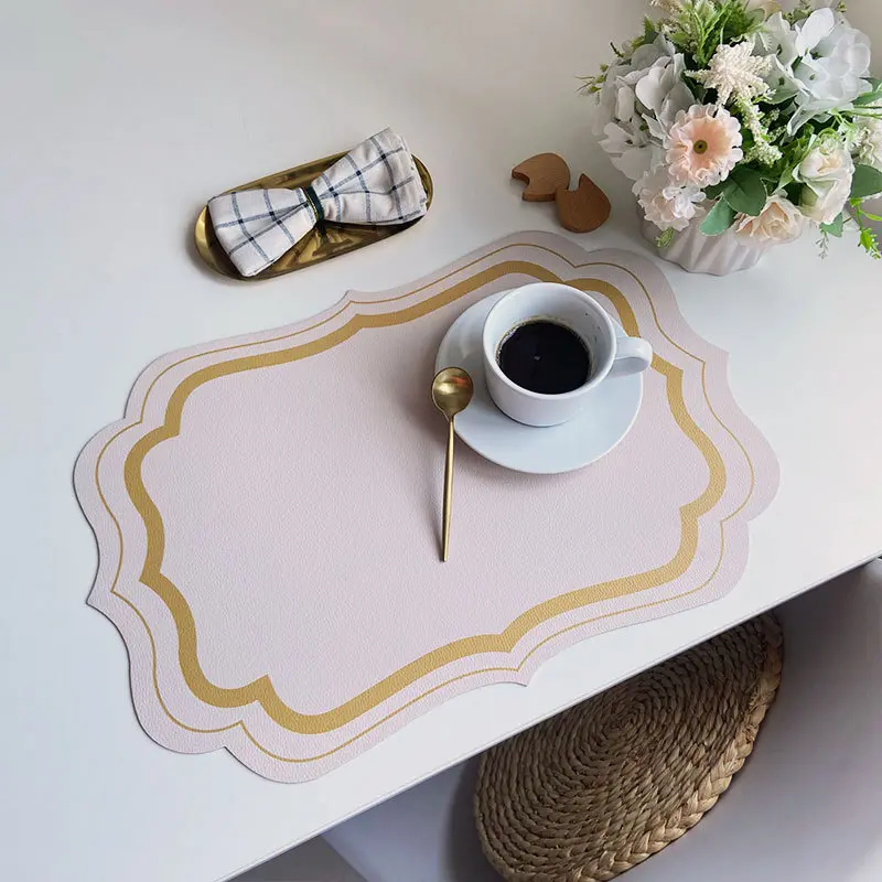 French Placemat Table Mat PU Leather Waterproof Heat Insulation Placemat Morandi Cream Printed Tableware Mat Home Kitchen Decor