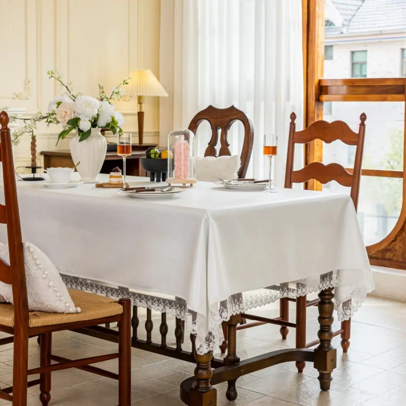 White Waterproof Oil Resistant Dirt Resistant Tablecloth with Lace Home Kitchen Decor Rectangular Polyester Table Cloth Cover