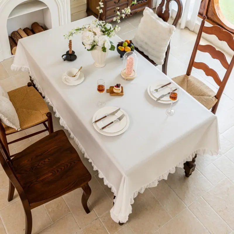 White Waterproof Oil Resistant Dirt Resistant Tablecloth with Lace Home Kitchen Decor Rectangular Polyester Table Cloth Cover