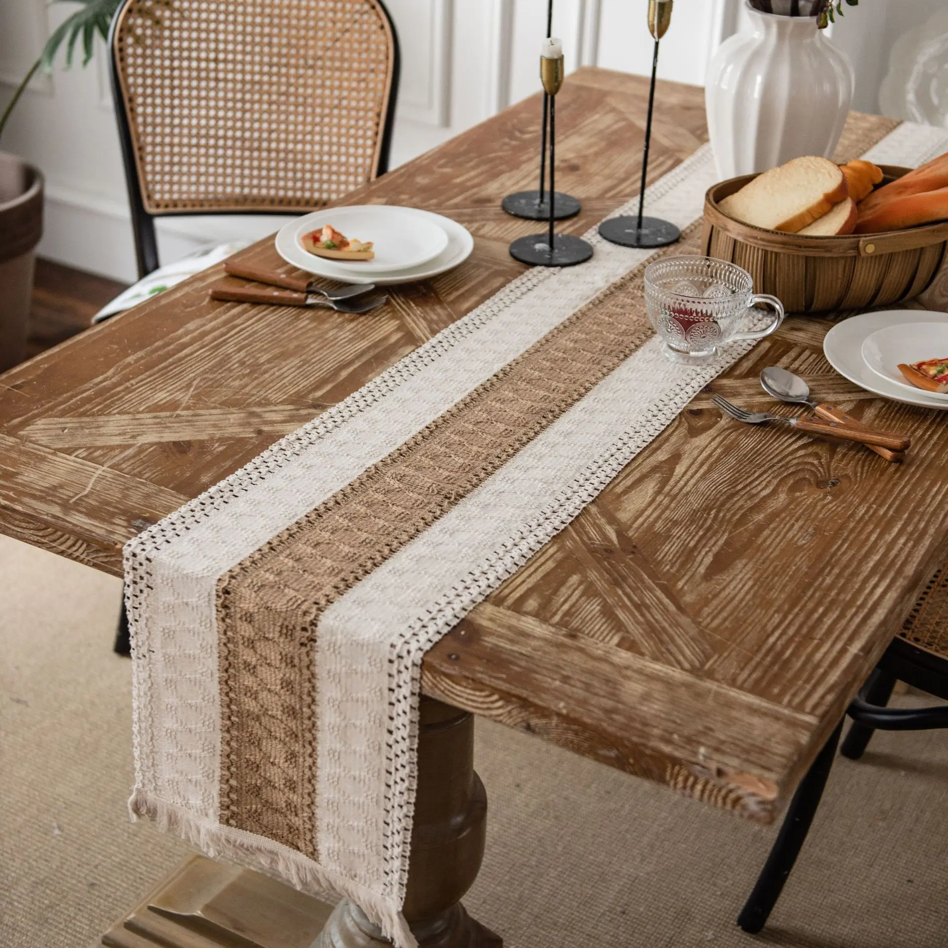 Linen Cotton Stitching Table Runner Dinning Table Decoration Two-color Woven Tassel Natural Material Wedding Decor Table Runners