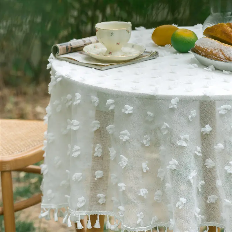 Round Tablecloth French Outdoor Wedding White Fluffy Ball Mesh with Tassels Table Cloth Party Valentine's Day Tablecloth Decor