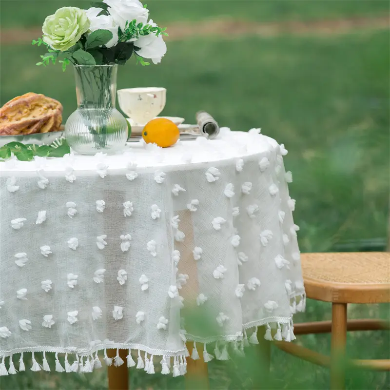 Round Tablecloth French Outdoor Wedding White Fluffy Ball Mesh with Tassels Table Cloth Party Valentine's Day Tablecloth Decor