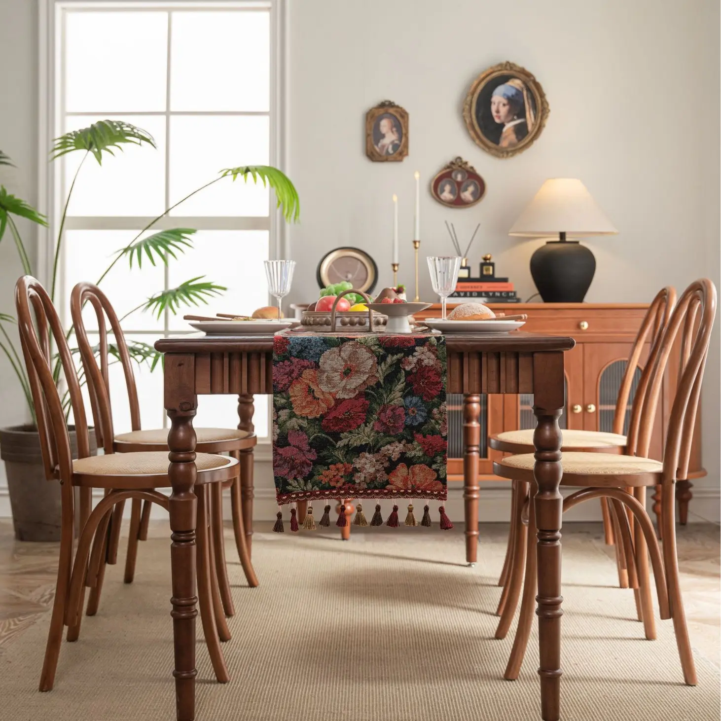Nordic Iris Jacquard Flower Table Runner with Tassels Kitchen Dining Table Setting Decoration Long Strip Thickened Table Runner