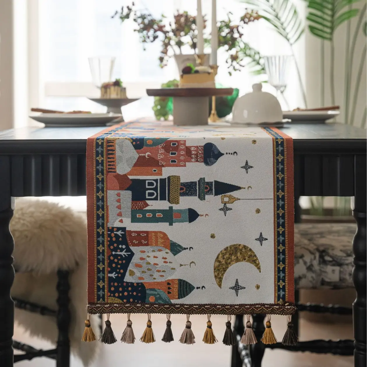Table Runner with Tassel Coffee Table TV Cabinet Decor Jacquard Cartoon Anime Long Dining Table Runners Holiday Party Decoration