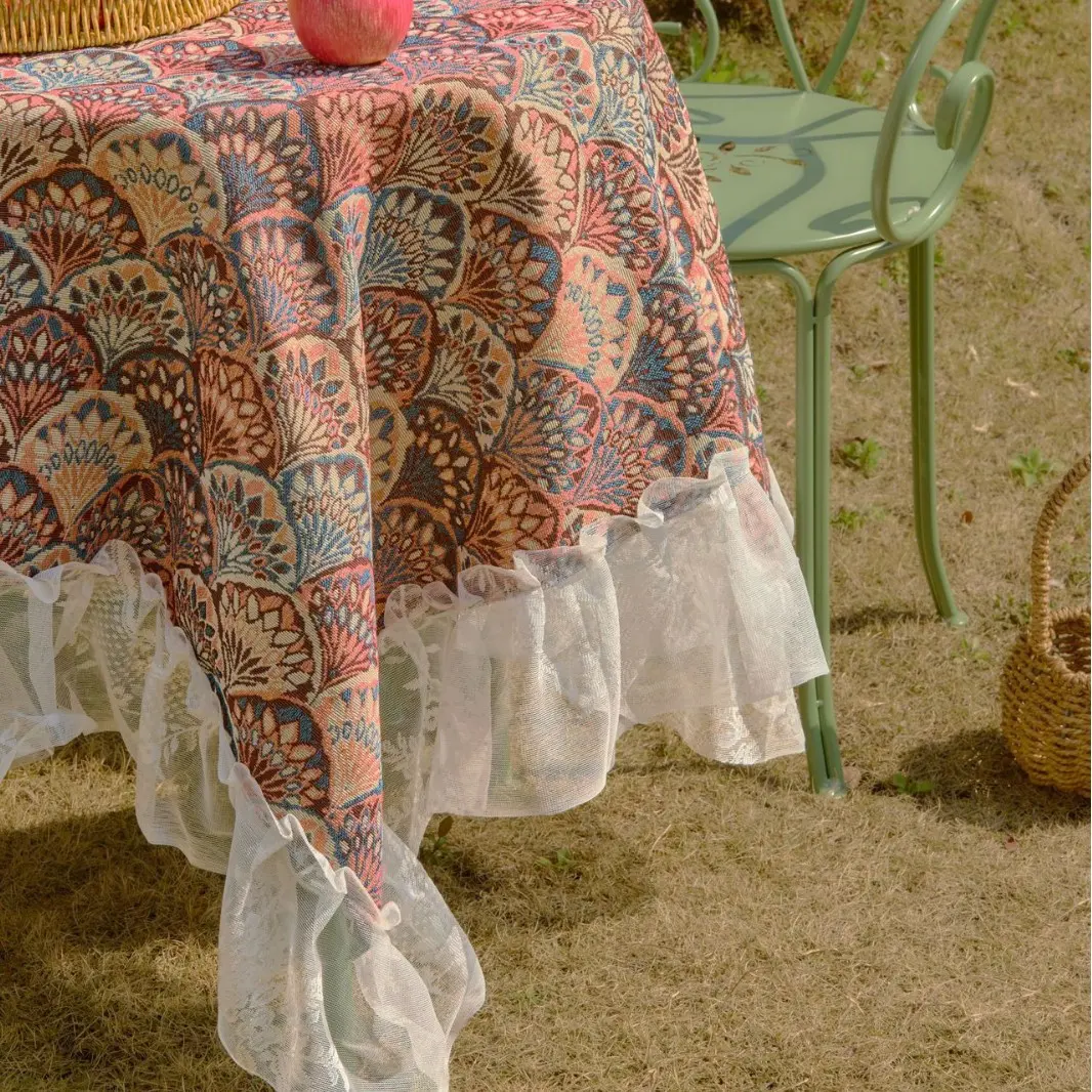 Jacquard Contrasting Geometric Tablecloth with Lace Ruffled Ruffle Rectangle Table Cloth For Dining Table Wedding Party Home