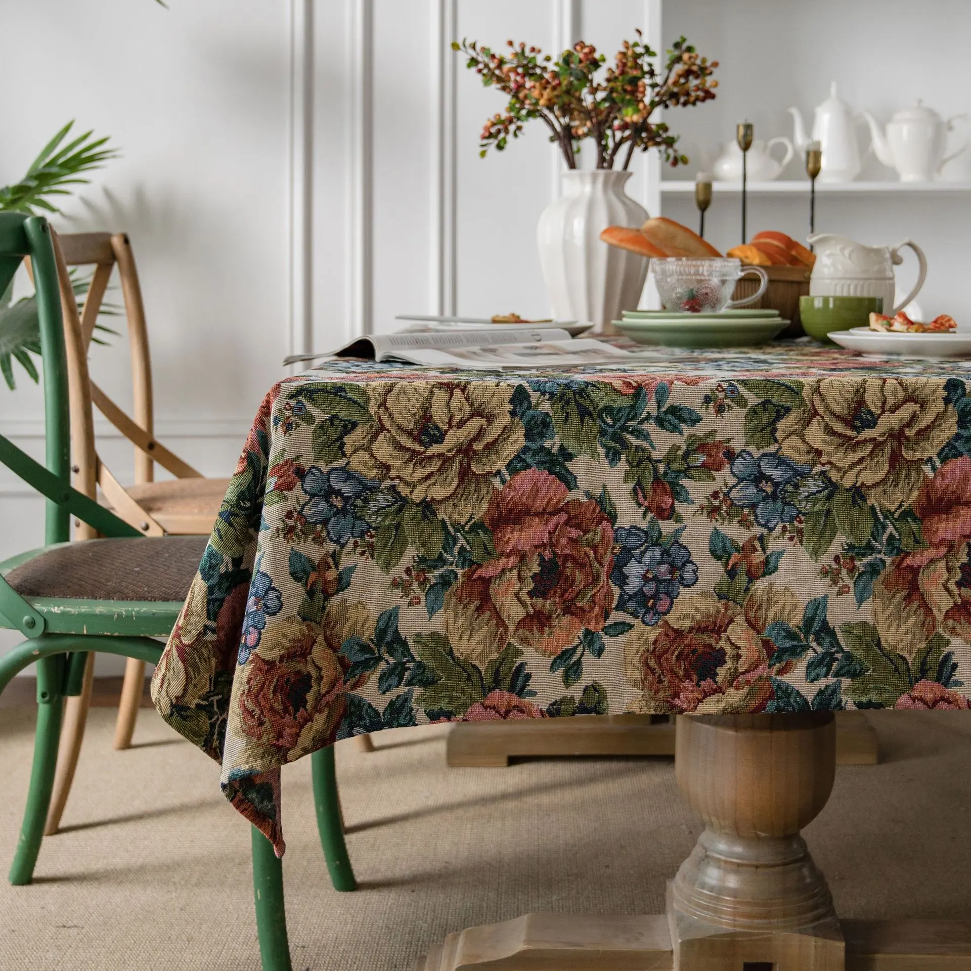 American Jacquard Tablecloth Oil Painting Table Cover Thick Blue Flowers Rectangular Wedding Dining Table Cover Tea Table Cloth