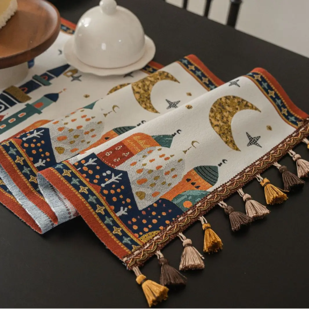 Table Runner with Tassel Coffee Table TV Cabinet Decor Jacquard Cartoon Anime Long Dining Table Runners Holiday Party Decoration
