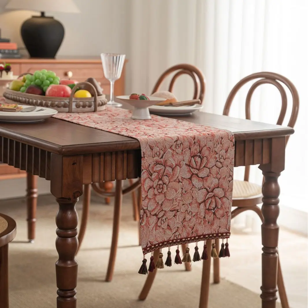 Nordic Iris Jacquard Flower Table Runner with Tassels Kitchen Dining Table Setting Decoration Long Strip Thickened Table Runner