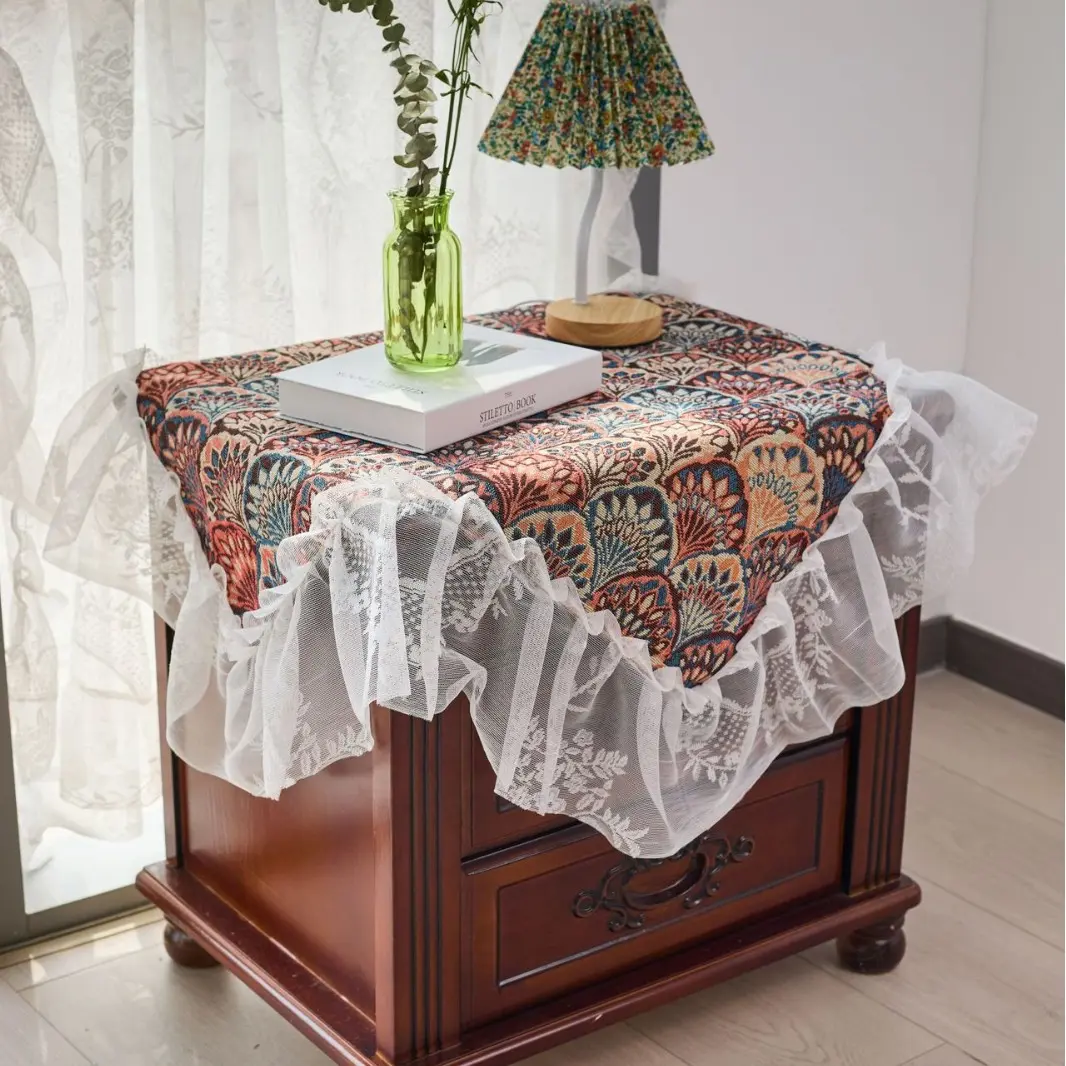 Jacquard Contrasting Geometric Tablecloth with Lace Ruffled Ruffle Rectangle Table Cloth For Dining Table Wedding Party Home
