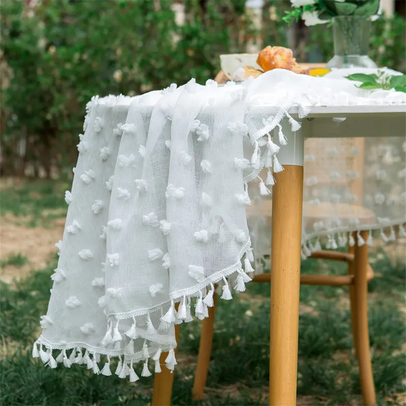 Round Tablecloth French Outdoor Wedding White Fluffy Ball Mesh with Tassels Table Cloth Party Valentine's Day Tablecloth Decor