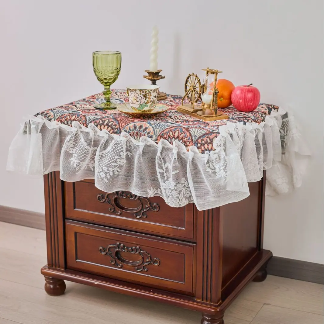 Jacquard Contrasting Geometric Tablecloth with Lace Ruffled Ruffle Rectangle Table Cloth For Dining Table Wedding Party Home
