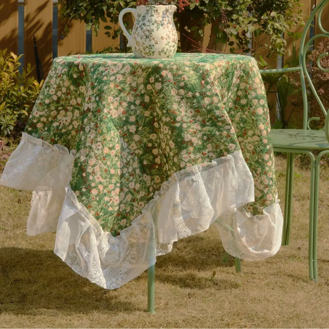 Jacquard Contrasting Geometric Tablecloth with Lace Ruffled Ruffle Rectangle Table Cloth For Dining Table Wedding Party Home