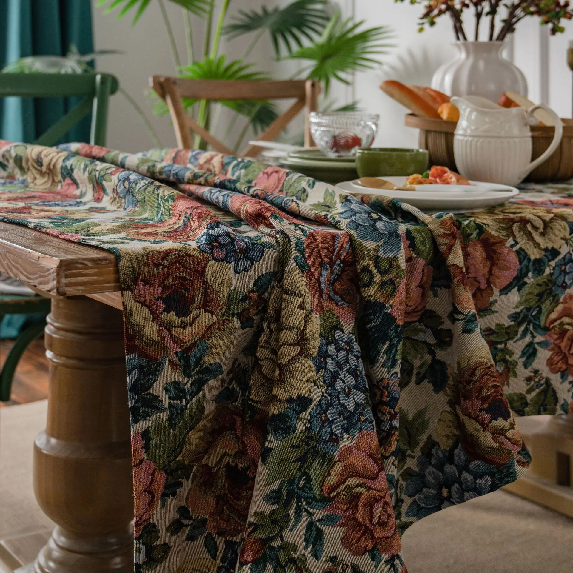 American Jacquard Tablecloth Oil Painting Table Cover Thick Blue Flowers Rectangular Wedding Dining Table Cover Tea Table Cloth
