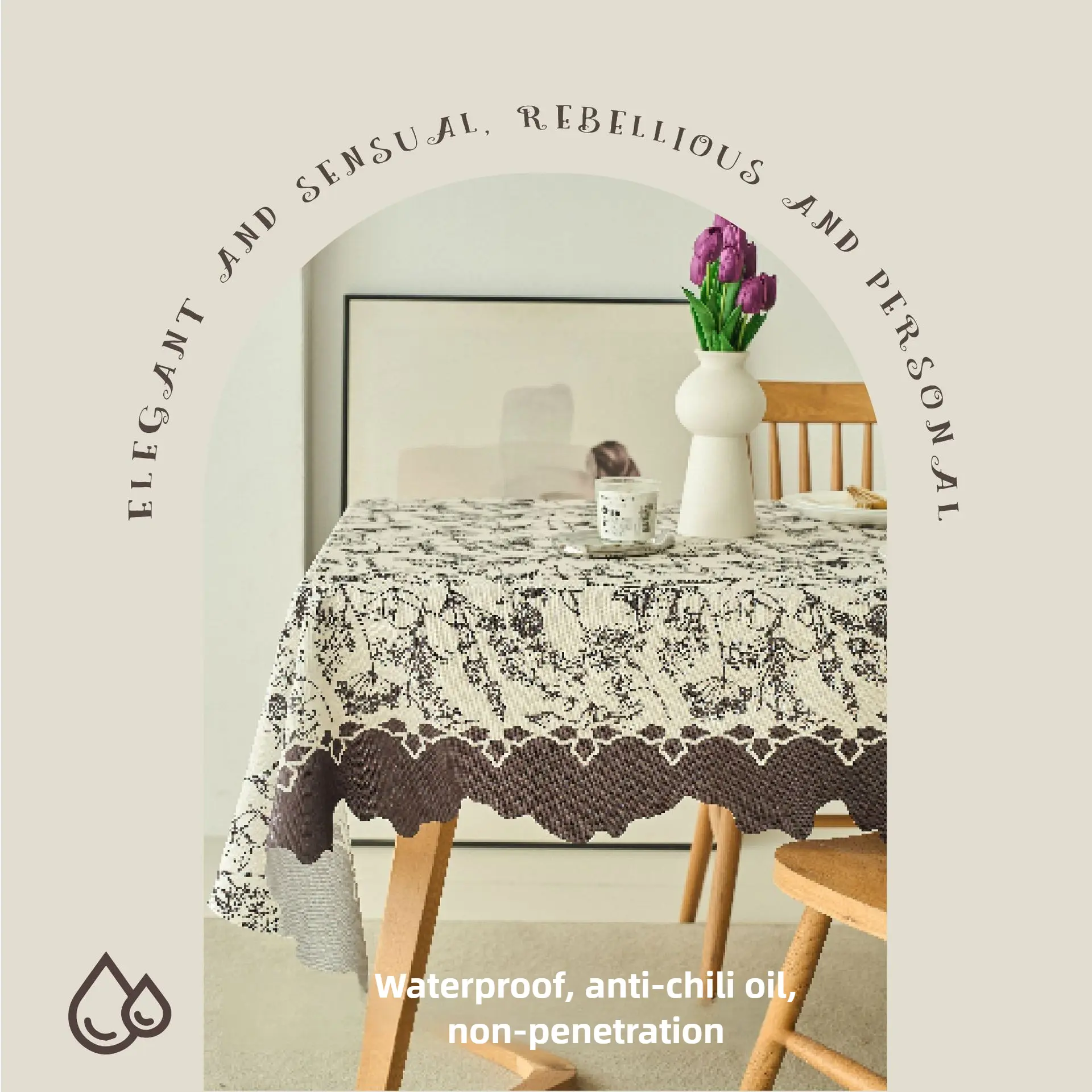 Rectangular Waterproof Oil Resistant Dining Tablecloth French Cream Style Polyester Irregular Lace Kitchen Table Cloth Cover