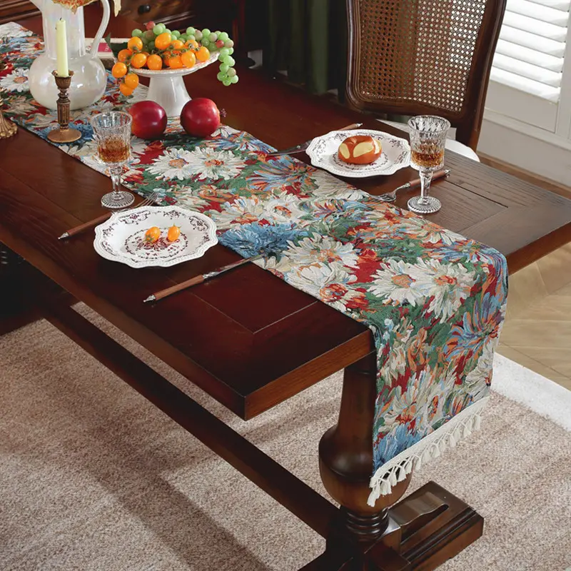 Jacquard Plant Flower Table Runners with Tassel TV Cabinet Cover American Retro Table Runner for Party Coffee Table Decoration