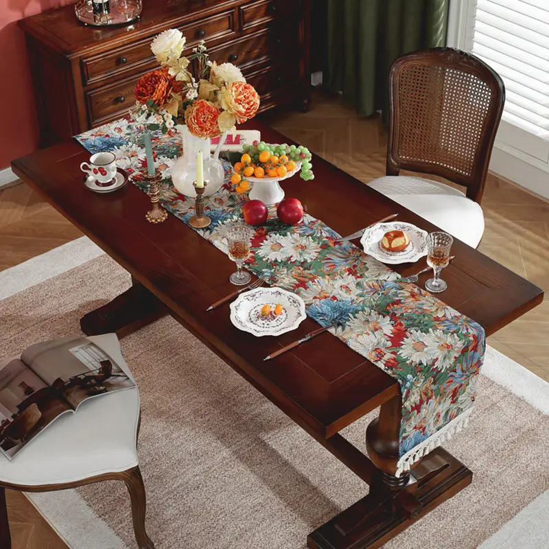 Jacquard Plant Flower Table Runners with Tassel TV Cabinet Cover American Retro Table Runner for Party Coffee Table Decoration