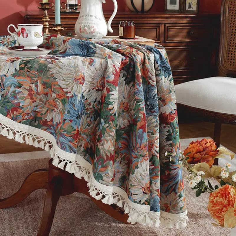 Round American Retro Jacquard Tablecloth Color Ink Painting Coffee Shop Decor Table Cloth Home Decoration Dining Table Cover
