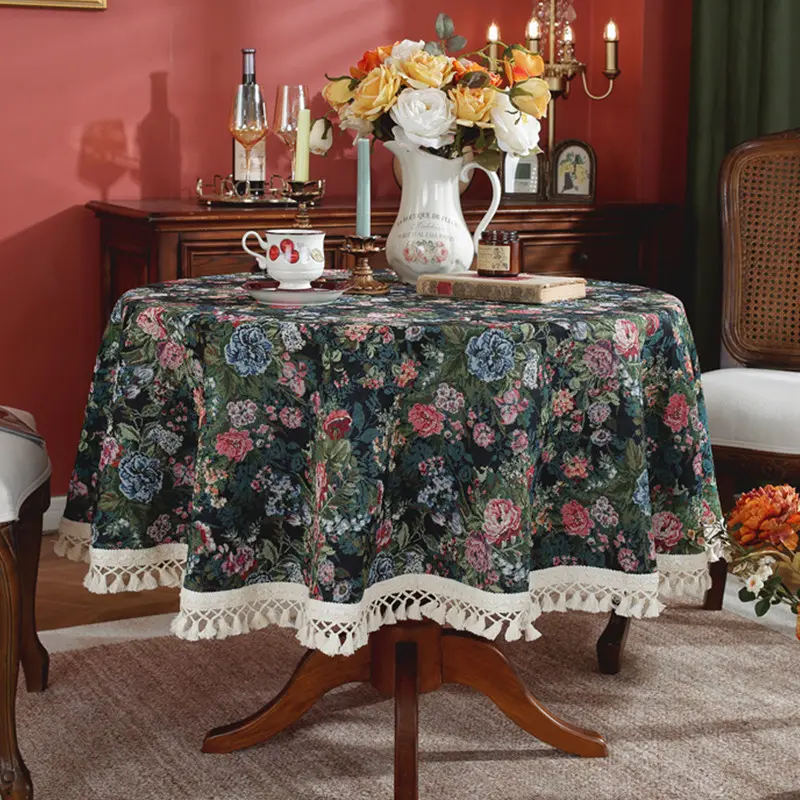 Round American Retro Jacquard Tablecloth Color Ink Painting Coffee Shop Decor Table Cloth Home Decoration Dining Table Cover