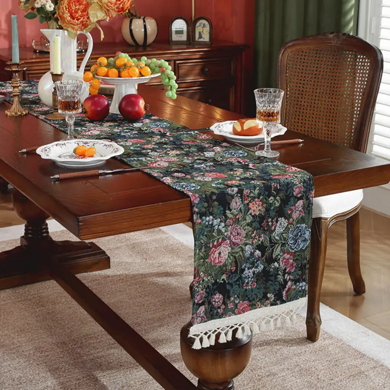 Jacquard Plant Flower Table Runners with Tassel TV Cabinet Cover American Retro Table Runner for Party Coffee Table Decoration