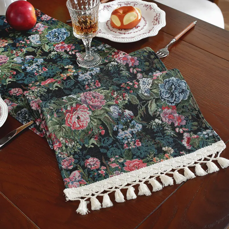Jacquard Plant Flower Table Runners with Tassel TV Cabinet Cover American Retro Table Runner for Party Coffee Table Decoration