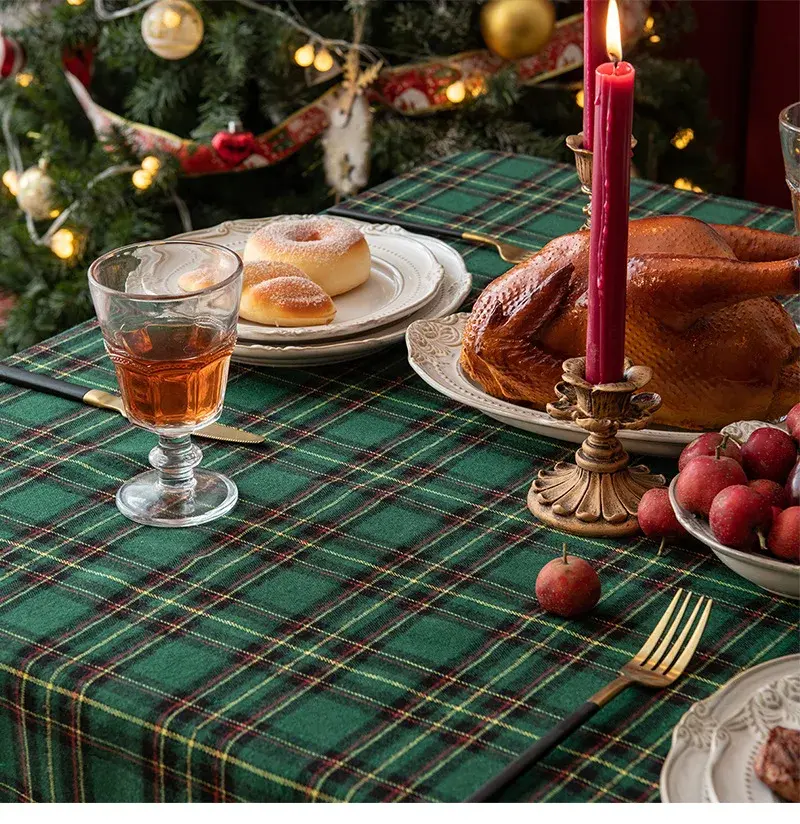 Christmas Tablecloth Green Plaid Snowflake Cotton Linen Rectangular Table Cover Navidad Noel New Year Gifts Dining Table Decor