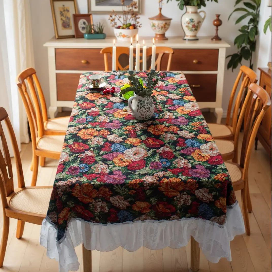 Jacquard Tablecloth Iris Bird Plant Dining Table Cloth Rectangle Thick Tea Table Decoration Lace Ruffle Edge Table Cover