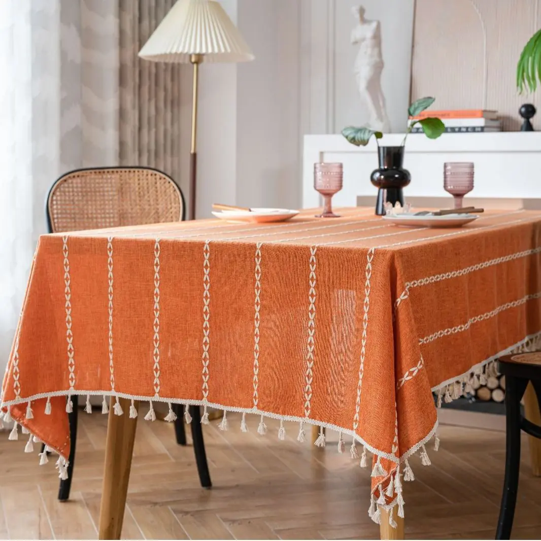Pumpkin Colored Table Cloth Cover, Orange Hollowed Cotton Linen, Rectangular Tablecloth, Halloween Festival Party, Home Decor