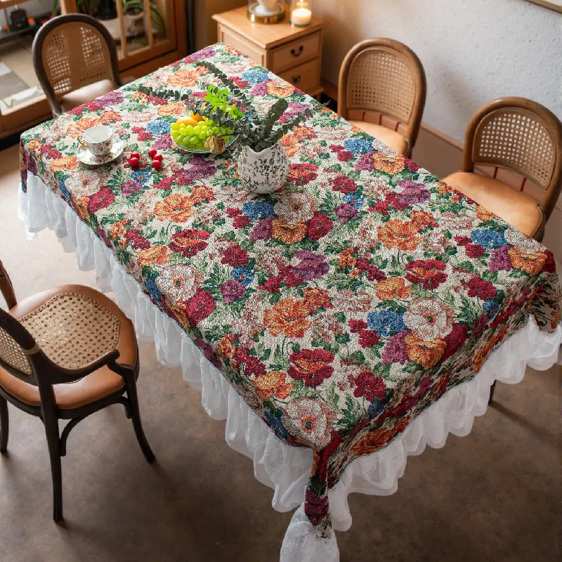 Jacquard Tablecloth Iris Bird Plant Dining Table Cloth Rectangle Thick Tea Table Decoration Lace Ruffle Edge Table Cover