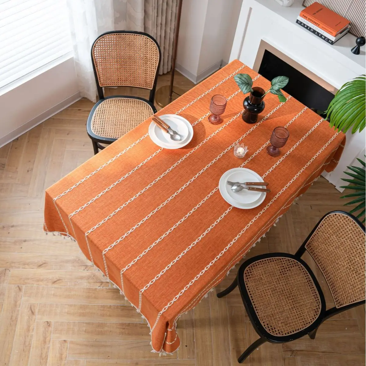 Pumpkin Colored Table Cloth Cover, Orange Hollowed Cotton Linen, Rectangular Tablecloth, Halloween Festival Party, Home Decor