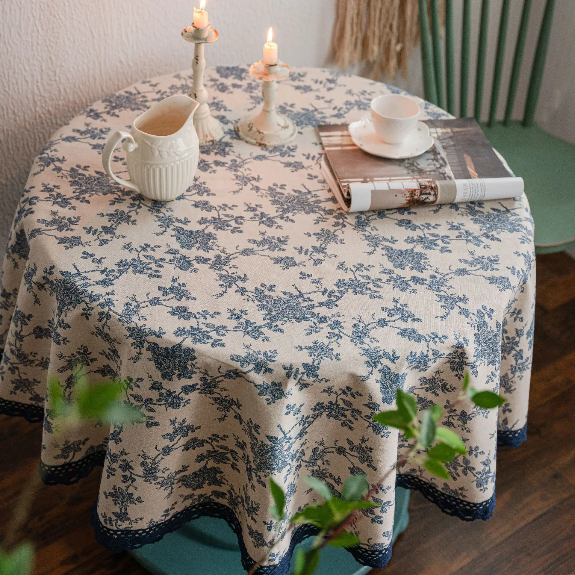 Blue Rose Printed Tablecloth Table Cloth Pastoral Cotton Linen Retro Round Table Cover for Dining Table Party Home Decoration