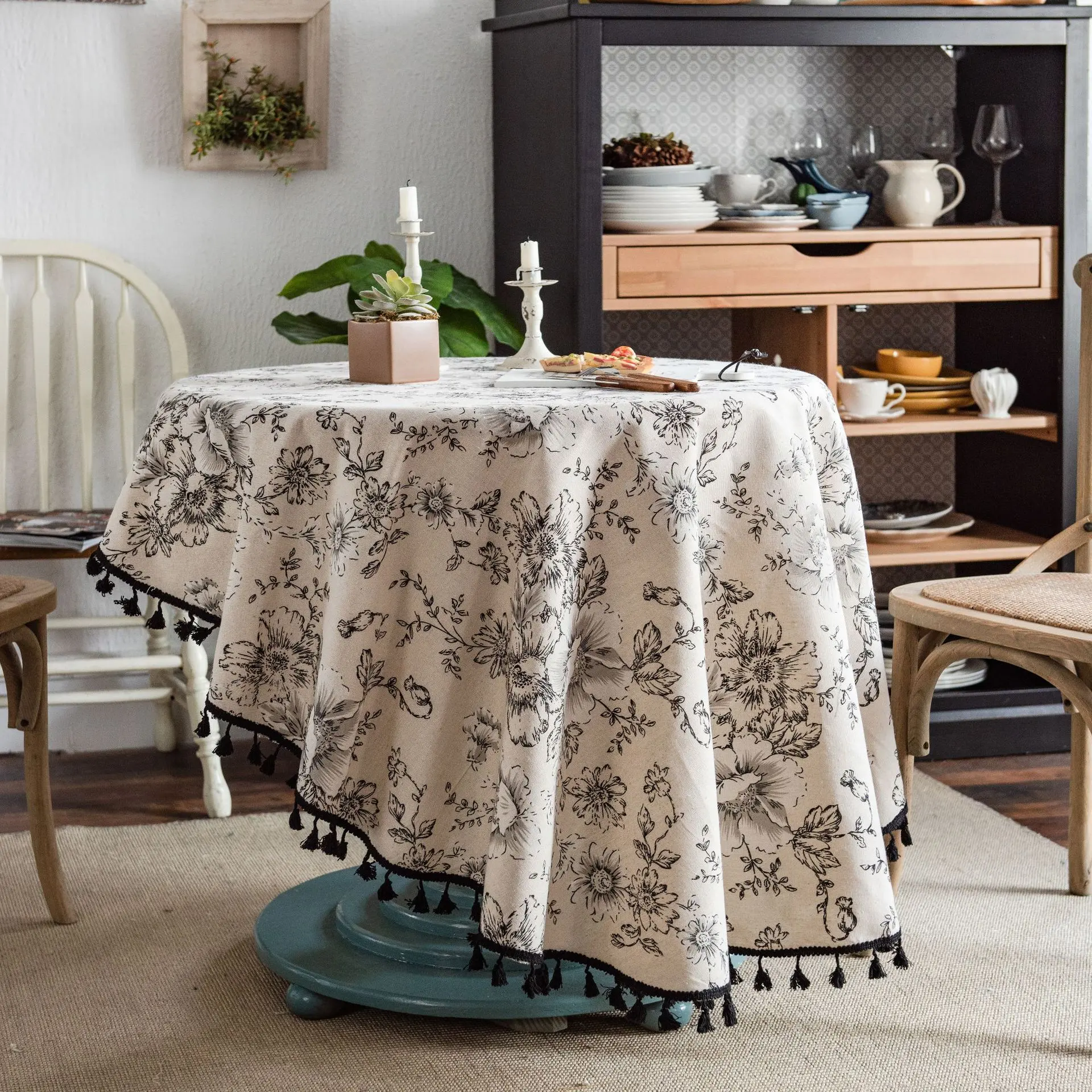 Blue Rose Printed Tablecloth Table Cloth Pastoral Cotton Linen Retro Round Table Cover for Dining Table Party Home Decoration