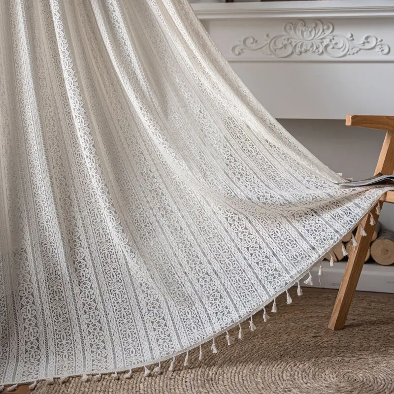 Beige Linen Lace Curtain with Crochet Hook Translucent Retro Hollow Blackout Curtains for Bedroom Balcony Window Living R