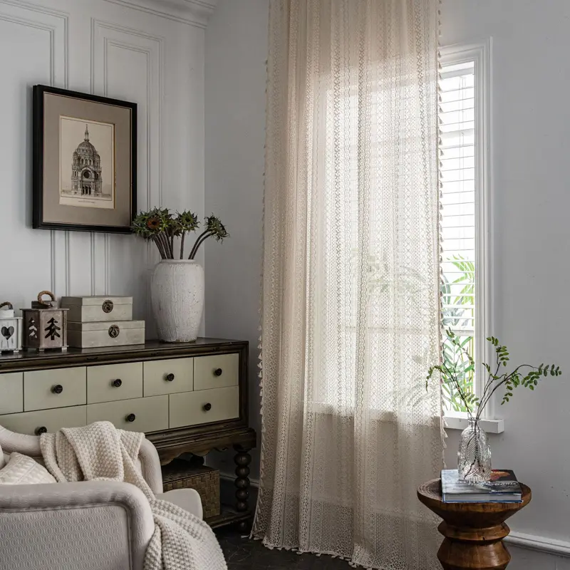 Beige Linen Lace Curtain with Crochet Hook Translucent Retro Hollow Blackout Curtains for Bedroom Balcony Window Living R