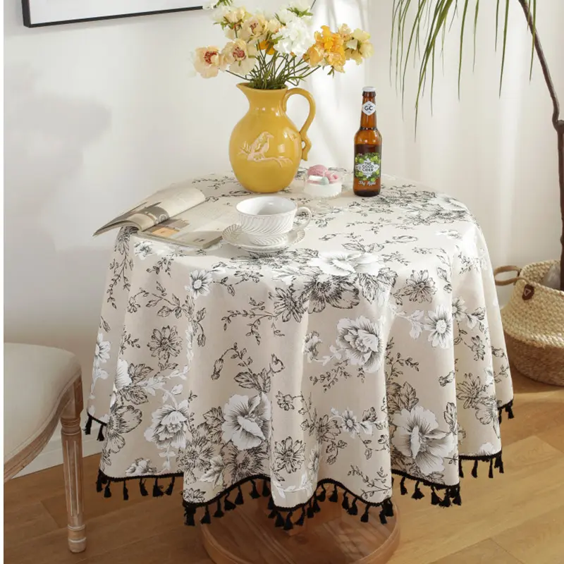 Floral Linen Cotton Tablecloth with Tassel Round Table Cover Dining Table Cover Tea Table Cloth Retro