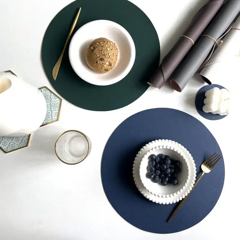 Round PU Leather Placemats and Coaster Set Insulation Mat Oil-Proof Waterproof two-sided Place Mats for Kitchen Coffee Shops