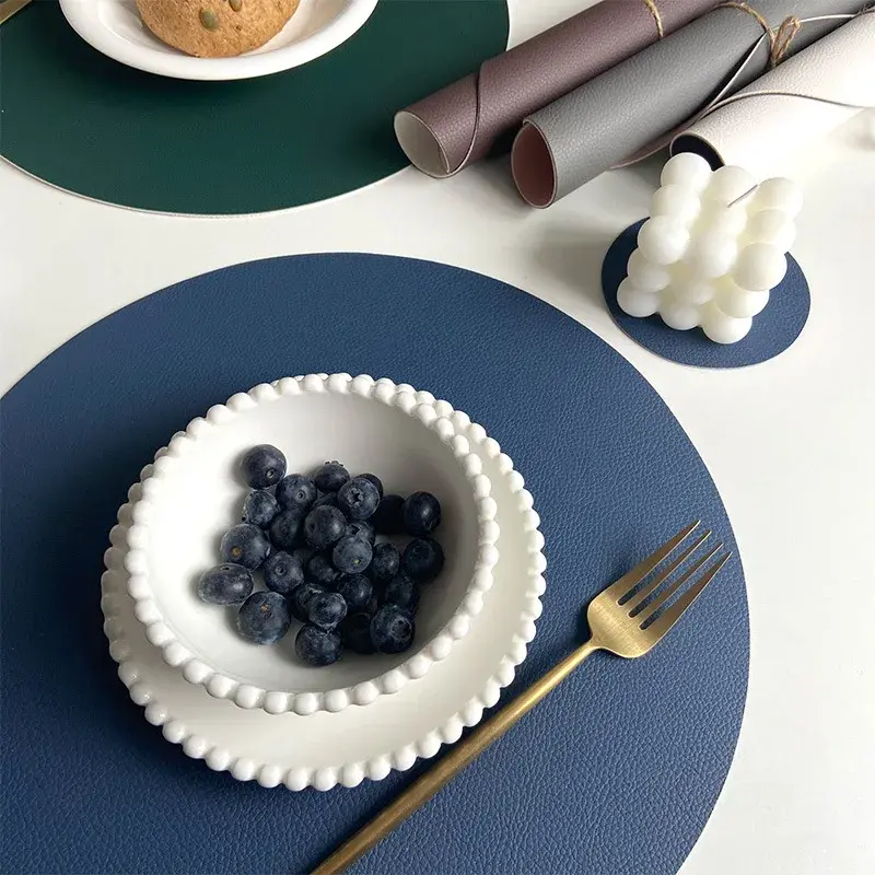 Round PU Leather Placemats and Coaster Set Insulation Mat Oil-Proof Waterproof two-sided Place Mats for Kitchen Coffee Shops