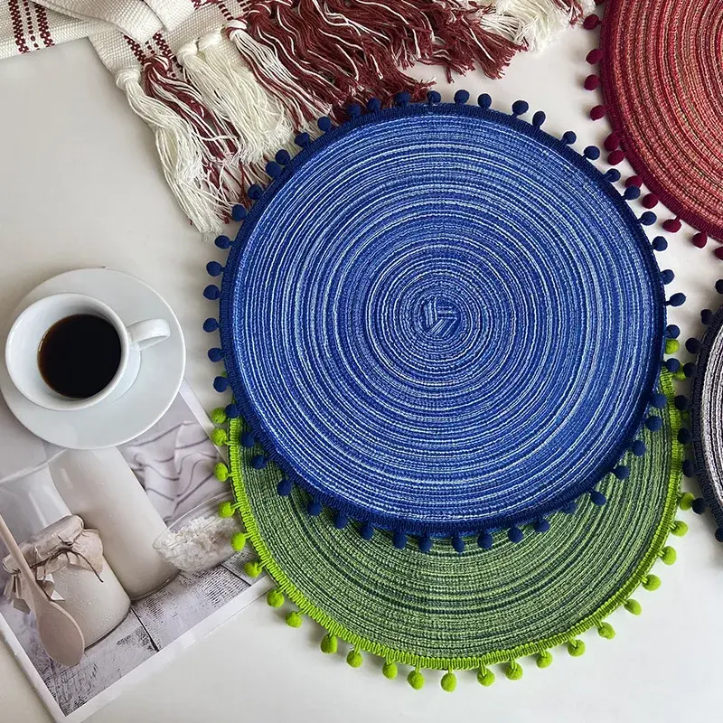 Cotton Yarn Round Table Mat With Ball Tassel Semi-Hand Dining Tableware Non-Slip Insulation Pad Placemat Home Decor Pad Coaster