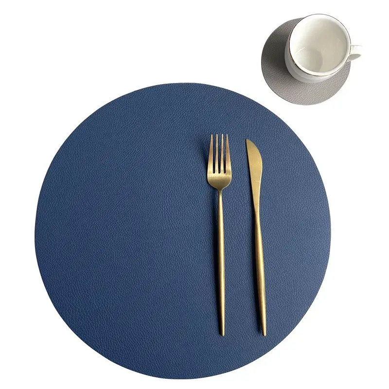 Round PU Leather Placemats and Coaster Set Insulation Mat Oil-Proof Waterproof two-sided Place Mats for Kitchen Coffee Shops