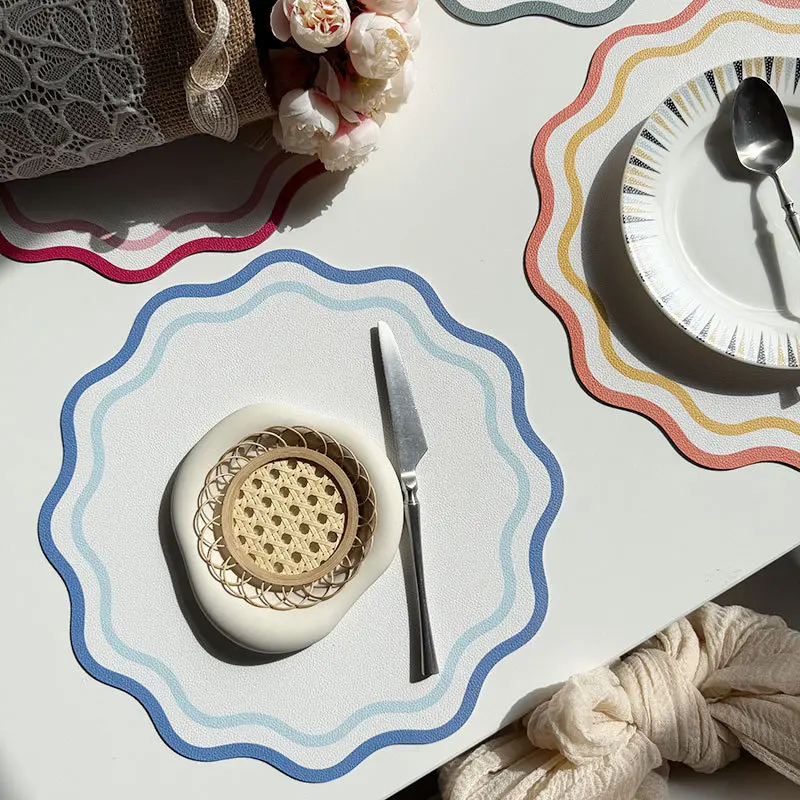 Printed Flower Shape Leather Placemat Insulated Table Mat for Kitchen Dining Table Striped Waterproof Heat-resistant Plate Mat