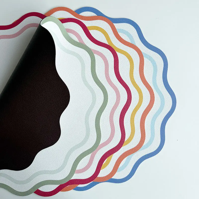 Printed Flower Shape Leather Placemat Insulated Table Mat for Kitchen Dining Table Striped Waterproof Heat-resistant Plate Mat