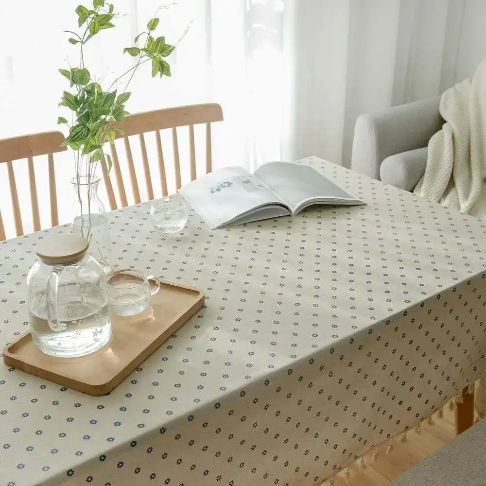 Pastoral Rectangular Linen Cotton Cloth Tablecloth Fabric Daisy Flower Printed Home Kitchen Dining Room Table Cloths Ornament