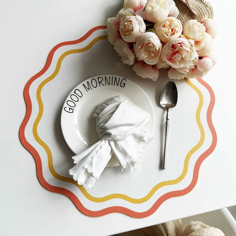 Printed Flower Shape Leather Placemat Insulated Table Mat for Kitchen Dining Table Striped Waterproof Heat-resistant Plate Mat