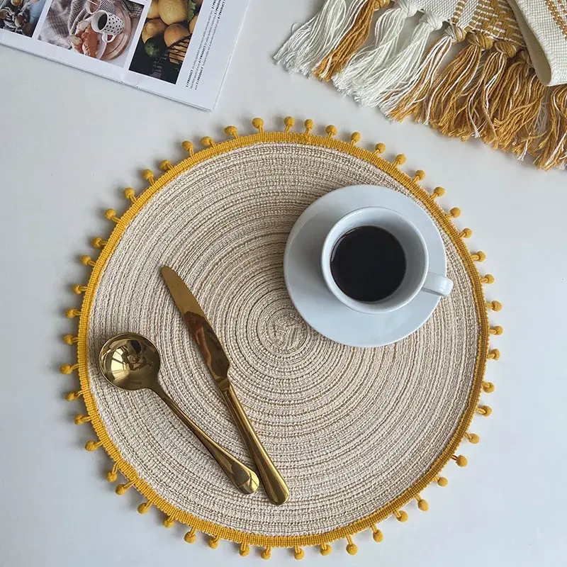 Cotton Yarn Round Table Mat With Ball Tassel Semi-Hand Dining Tableware Non-Slip Insulation Pad Placemat Home Decor Pad Coaster