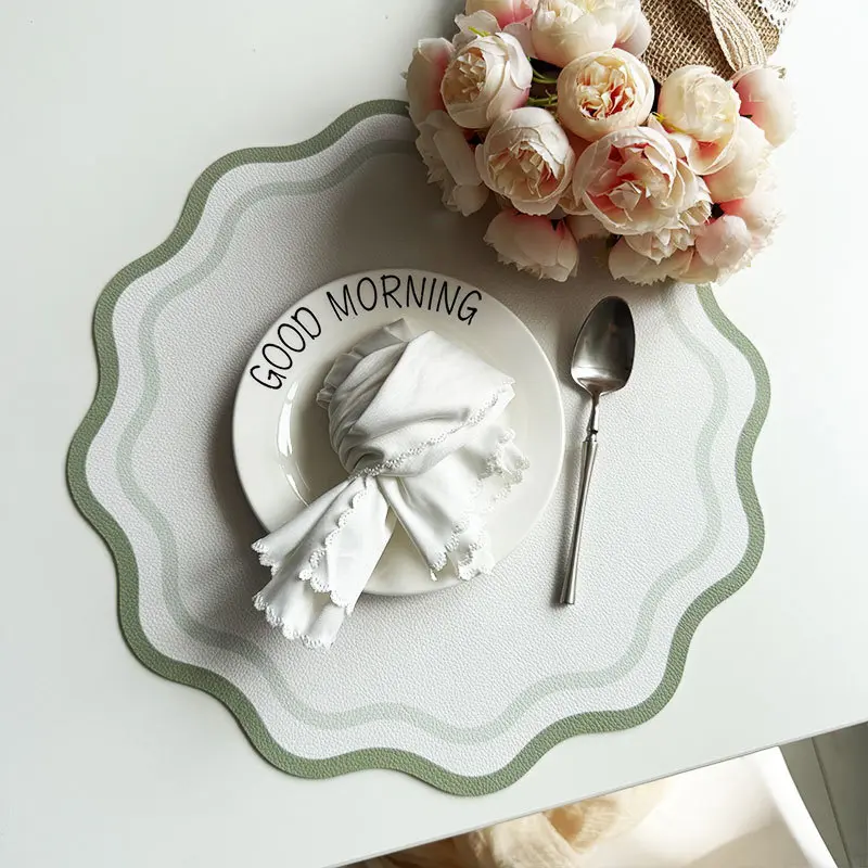 Printed Flower Shape Leather Placemat Insulated Table Mat for Kitchen Dining Table Striped Waterproof Heat-resistant Plate Mat