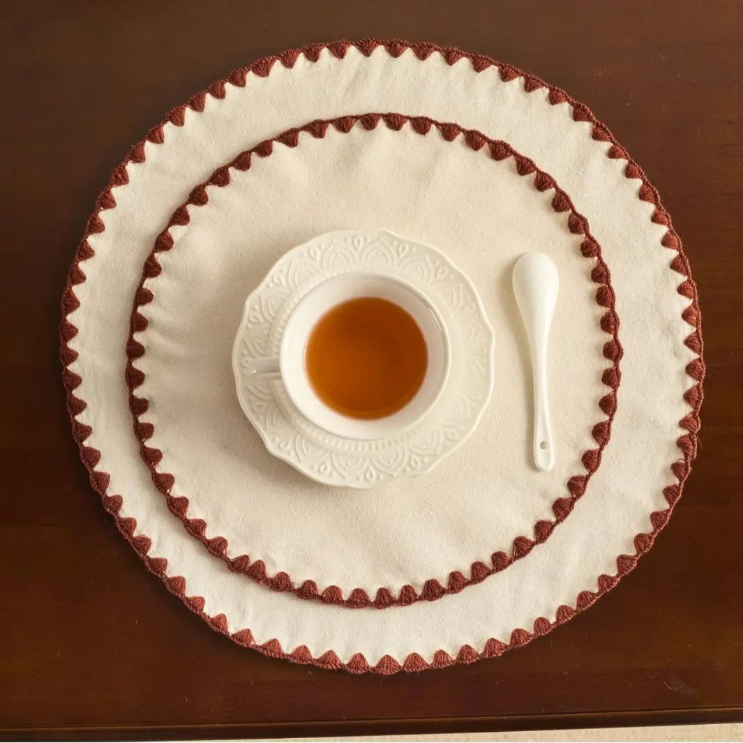 Cotton Linen Placemat Table Decoration Plain Embroidered Insulation Pads Round Decorative Solid Color Place Mat for Dining Table