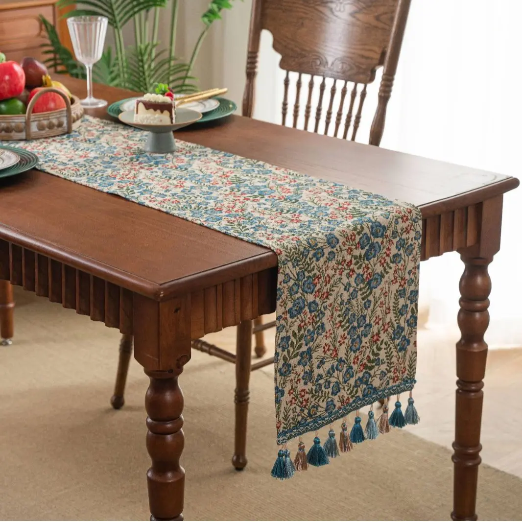 Retro Nostalgia Oil Painting Jacquard Table Runner with Tassel for Dinning Table Home Decor Luxury Monet Sunflower Table Runner