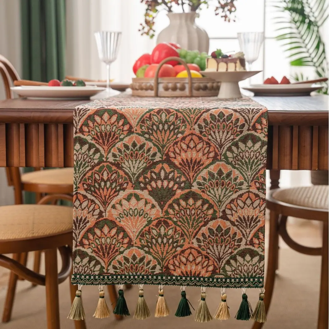 Retro Nostalgia Oil Painting Jacquard Table Runner with Tassel for Dinning Table Home Decor Luxury Monet Sunflower Table Runner
